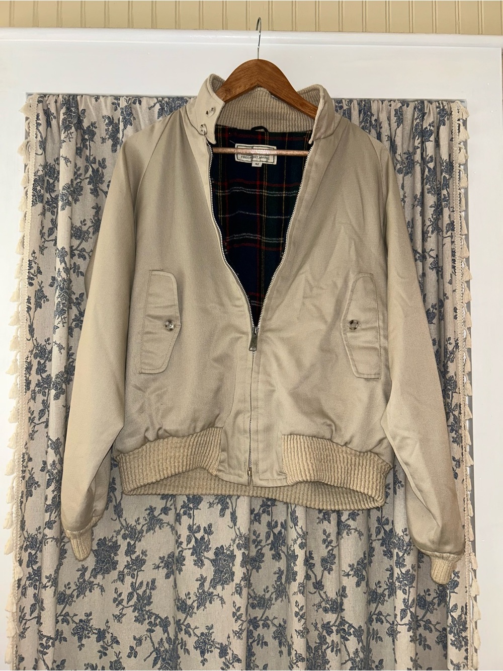 L.L. Bean Beige Bomber Jacket with Plaid Lining